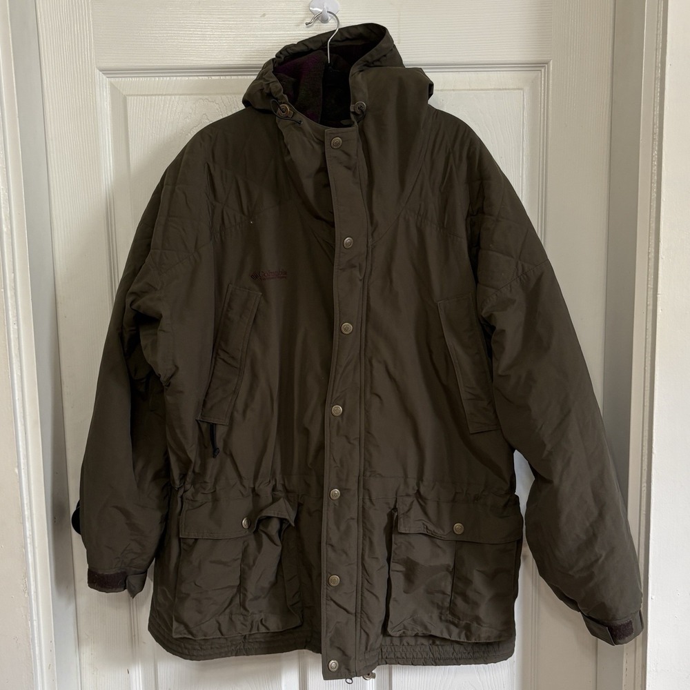 Vtg Columbia Green Parka Jacket Purple Plaid Fleece Lined Gorpcore Outdoors 90s